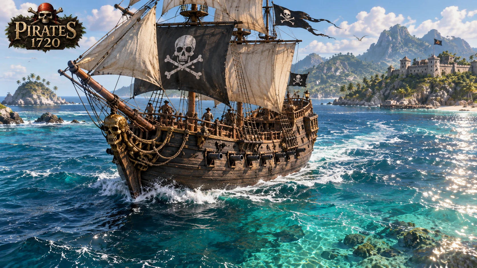 Detailreiche Piraten-Galeone auf türkisfarbenem Wasser vor einer tropischen Festung
